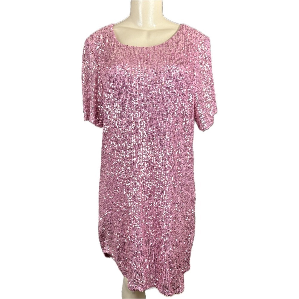 Betsey Johnson XXL Pink Mesh Sequin Crew Neckline Short Sleeve Shift Mini Dress - Picture 2 of 7